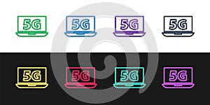 Set line Laptop with 5G new wireless internet wifi icon isolated on black and white background. Global network high
