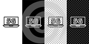 Set line Laptop with 5G new wireless internet wifi icon isolated on black and white background. Global network high