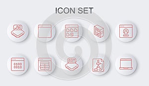 Set line Laptop, Binary code, Browser files, Flowchart, Processor with microcircuits CPU, window, MySQL and icon. Vector