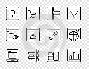 Set line Laptop with browser window, Graph chart infographic, Browser, Server, Secure your site HTTPS, SSL, Create