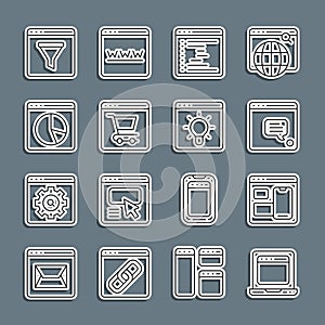 Set line Laptop with browser window, Web developer programming code, New chat messages notification, Browser, Online