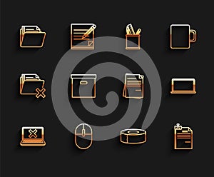 Set line Laptop and cross mark on screen, Computer mouse, Document folder, Scotch, File document binder clip, Carton