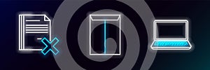 Set line Laptop, Delete file document and Envelope icon. Glowing neon. Vector