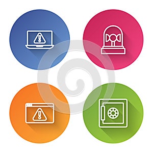 Set line Laptop with exclamation mark, Flasher siren, Browser and Safe. Color circle button. Vector