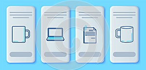 Set line Laptop, File document and paper clip, Coffee cup and flat icon. Vector
