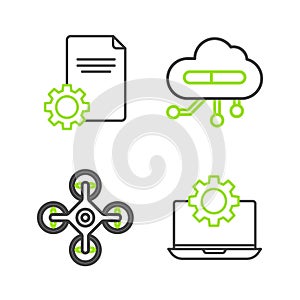 Set line Laptop and gear, Drone, Internet of things and File document icon. Vector