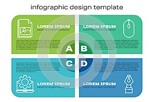 Set line Laptop and gear, Picture landscape, Fountain pen nib and Computer mouse. Business infographic template