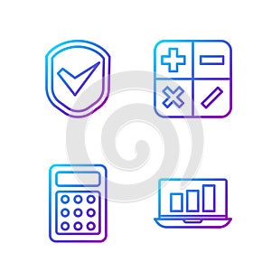 Set line Laptop with graph chart, Calculator, Shield with check mark and Calculator. Gradient color icons. Vector