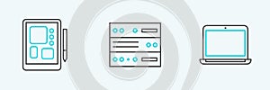 Set line Laptop, Graphic tablet and Server, Data, Web Hosting icon. Vector