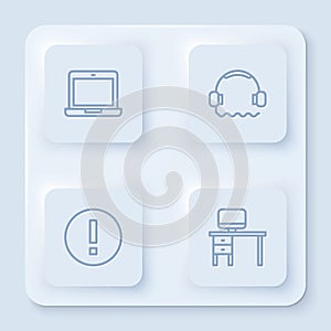 Set line Laptop, Headphones, Information and Computer monitor and desk. White square button. Vector