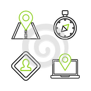 Set line Laptop with location marker, Road traffic sign, Compass and icon. Vector