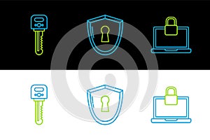 Set line Laptop and lock, Key and Shield with keyhole icon. Vector