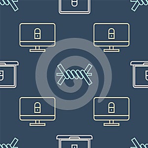 Set line Laptop and lock, Lock on computer monitor and Barbed wire on seamless pattern. Vector