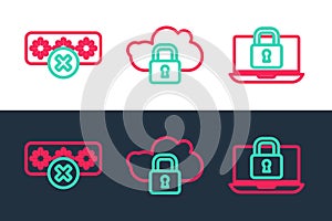 Set line Laptop and lock, Password protection and Cloud computing icon. Vector