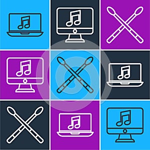 Set line Laptop with music note, Drum sticks and Computer with music note icon. Vector