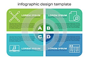 Set line Laptop with music note, Drum sticks, Music synthesizer and Music book with note. Business infographic template