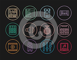 Set line Laptop with music note, Home stereo speakers, Air headphones in box, Speaker volume, Drum machine, Oscilloscope