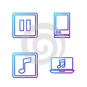 Set line Laptop with music note, Music note, tone, Pause button and Voice assistant. Gradient color icons. Vector