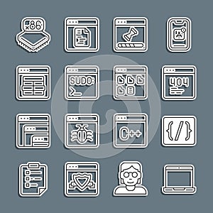 Set line Laptop, Programming language syntax, Page with 404 error, Loading data window, Code terminal, MySQL code
