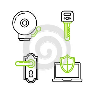 Set line Laptop protected with shield, Door handle, Key and Ringing alarm bell icon. Vector