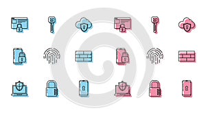 Set line Laptop protected with shield, Safe combination lock, Secure your site HTTPS, SSL, Smartphone, Fingerprint