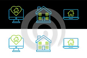 Set line Laptop and smart home, Monitor with house in heart shape and Home symbol icon. Vector