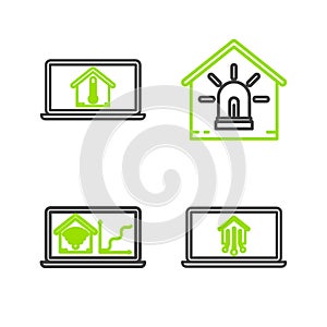 Set line Laptop with smart home, wi-fi, Smart house and alarm and temperature icon. Vector