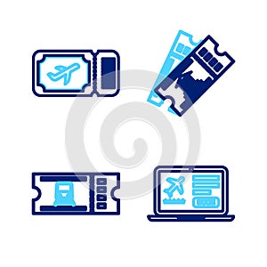 Set line Laptop with ticket, Train, Museum and Airline icon. Vector