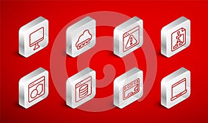 Set line Laptop, Web development, Browser with exclamation mark, Flowchart, Keyboard, Computer monitor screen, Server