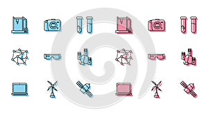 Set line Laptop, Wind turbine, 3D printer, Satellite, Smart glasses, Computer network, Neural and Mirrorless camera icon