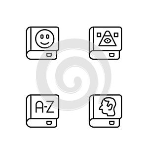 Set line Law book, Translator, Book and Ancient magic icon. Vector