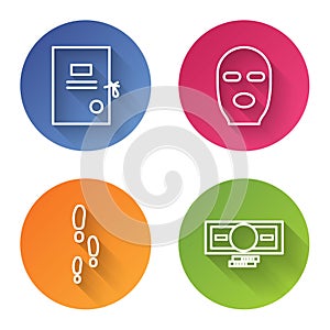 Set line Lawsuit paper, Thief mask, Footsteps and Stacks paper money cash. Color circle button. Vector