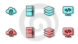 Set line Layers, Cloud computing lock, Sketchbook or album and Front end development icon. Vector