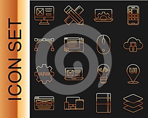 Set line Layers, UI or UX design, Cloud computing lock, Web development, Bezier curve, and Computer mouse icon. Vector