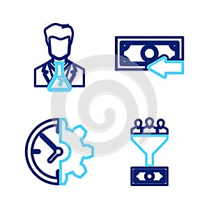 Set line Lead management, Clock and gear, Cash back and Scientist test tube icon. Vector