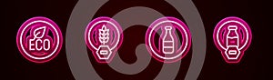 Set line Leaf Eco symbol, Gluten free grain, Bottle and Lactose. Glowing neon icon. Vector