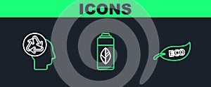 Set line Leaf Eco symbol, Human head with recycle and Recycling plastic bottle icon. Vector