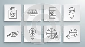 Set line Leaf Eco symbol, Solar energy panel, Light bulb with leaf, Planet earth and recycling, Human hands holding