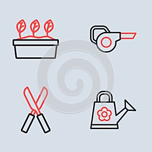 Set line Leaf garden blower, Gardening scissors, Watering can and Plant pot icon. Vector