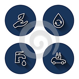 Set line Leaf in hand, Recycle clean aqua, Water tap and Electric car with long shadow. Blue circle button. Vector