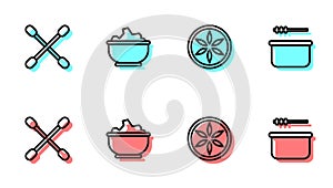 Set line Leaf plant nature, Cotton swab for ears, Sea salt in bowl and Sauna bucket and ladle icon. Vector