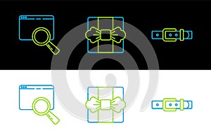 Set line Leather belt, Search in browser window and Gift box icon. Vector
