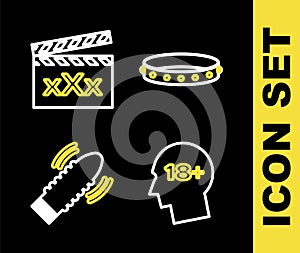 Set line Leather fetish collar, Head with 18 plus, Dildo vibrator for sex games and Movie clapper Sex icon. Vector