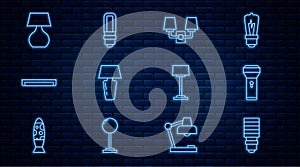 Set line LED light bulb, Flashlight, Wall lamp or sconce, Table, Fluorescent, Floor and icon. Vector