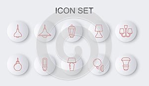 Set line LED light bulb, Lamp hanging, Garden lamp, Wall or sconce, Chandelier, and Table icon. Vector
