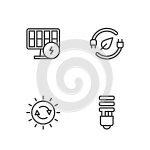 Set line LED light bulb, Solar energy panel, and Electric saving plug in leaf icon. Vector