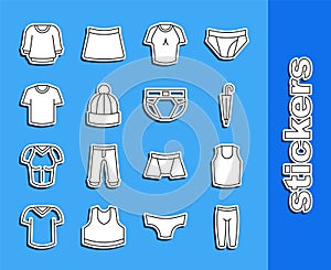 Set line Leggings, Undershirt, Umbrella, T-shirt, Winter hat, Sweater and Men underpants icon. Vector