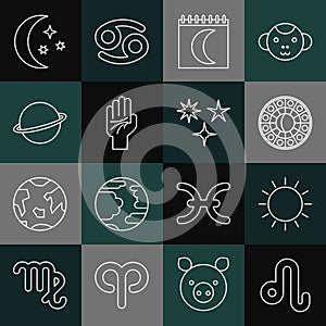 Set line Leo zodiac, Sun, Astrology horoscope circle, Moon phases calendar, Palmistry of the hand, Planet Saturn, stars