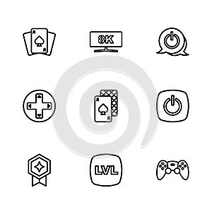 Set line Level game, Power button, Game controller or joystick, Playing cards, Computer monitor and icon. Vector