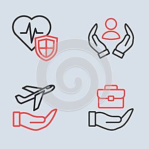 Set line Life insurance, Plane hand, Hand holding briefcase and with shield icon. Vector